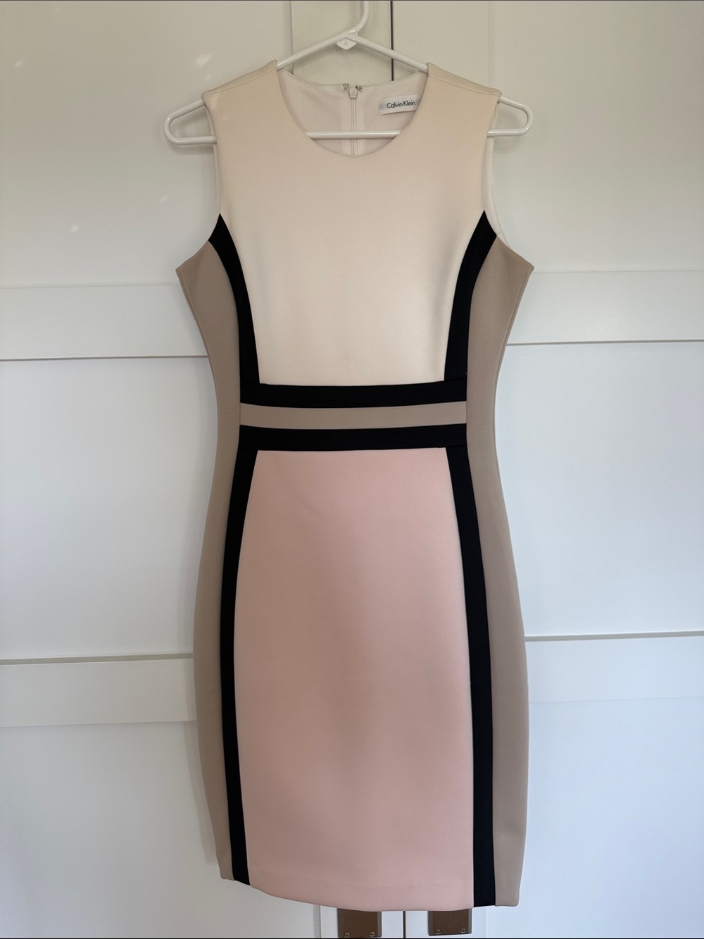 Calvin Klein Pink, Cream & Tan Colorblock Sheath with Black Trim
